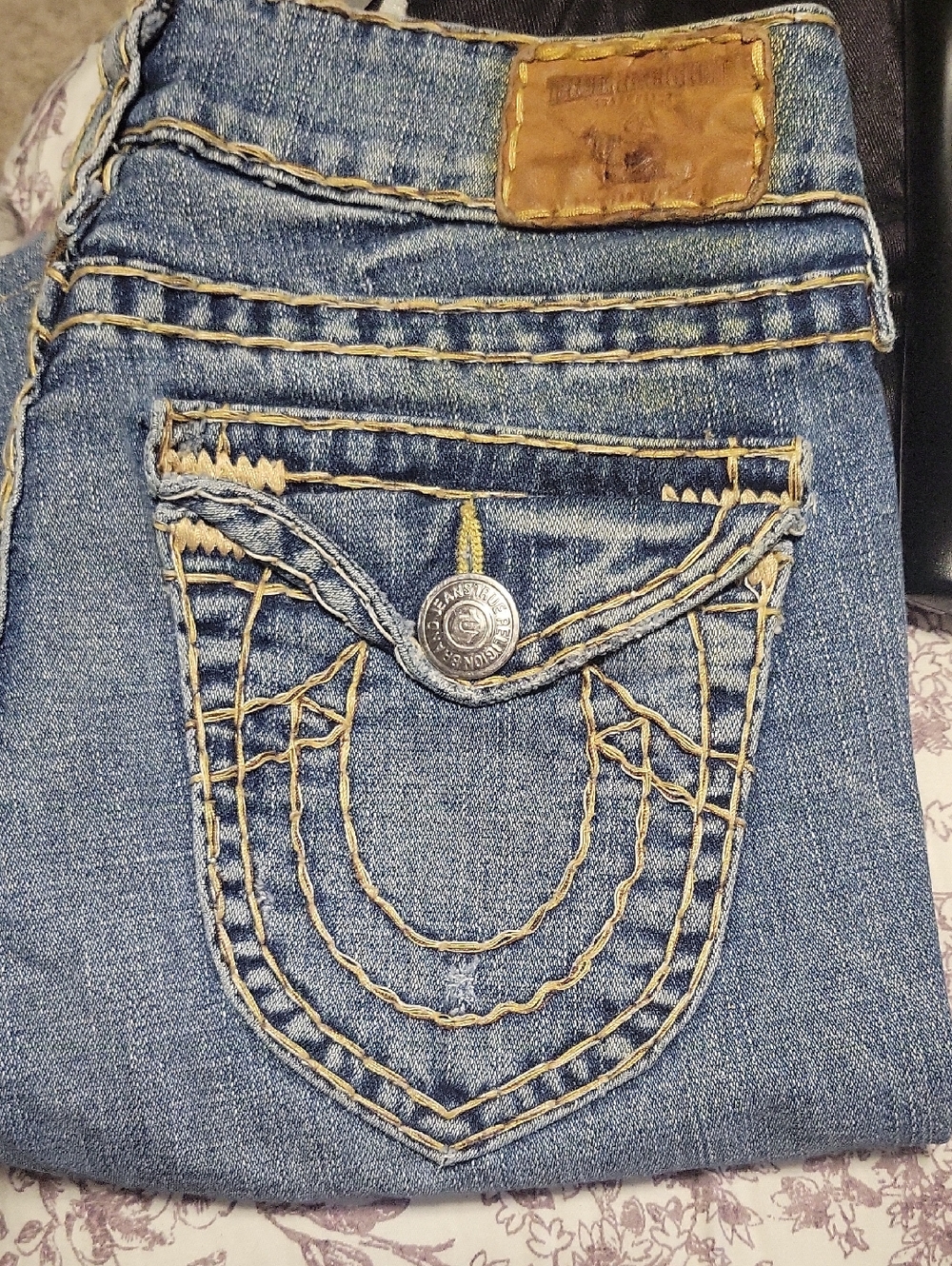 True Religion Women's Blue Flare Jeans with Signature Back Pockets